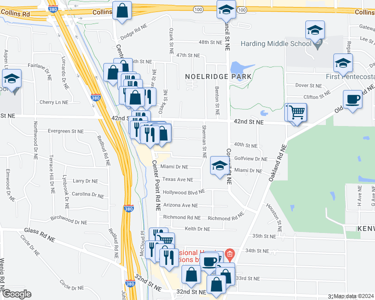 map of restaurants, bars, coffee shops, grocery stores, and more near 4025 Sherman Street Northeast in Cedar Rapids