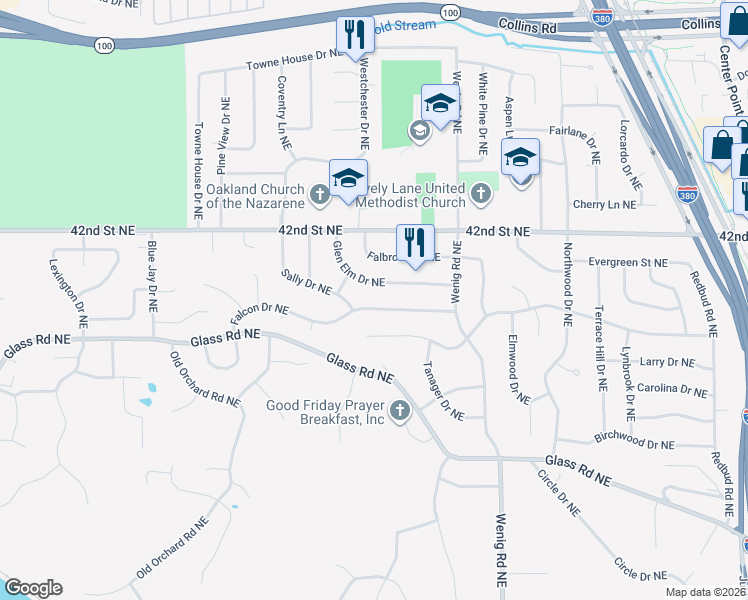 map of restaurants, bars, coffee shops, grocery stores, and more near 2816 Falcon Drive Northeast in Cedar Rapids