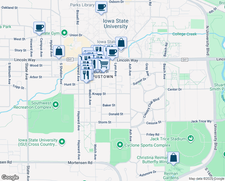 map of restaurants, bars, coffee shops, grocery stores, and more near in Ames
