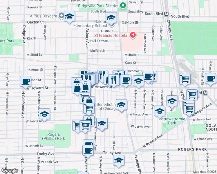 map of restaurants, bars, coffee shops, grocery stores, and more near 1600 Howard Street in Chicago