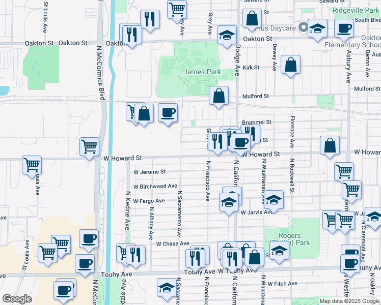 map of restaurants, bars, coffee shops, grocery stores, and more near 2131 Howard Street in Evanston