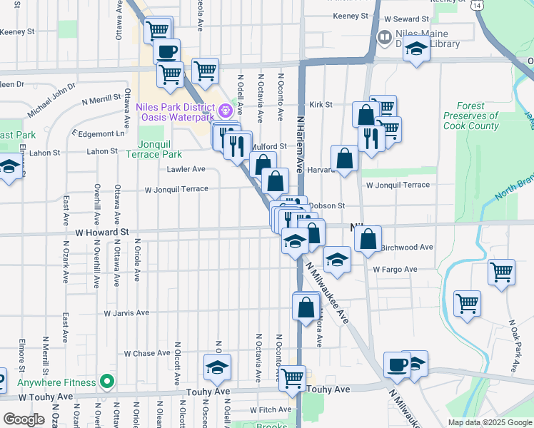 map of restaurants, bars, coffee shops, grocery stores, and more near 7624 North Milwaukee Avenue in Niles