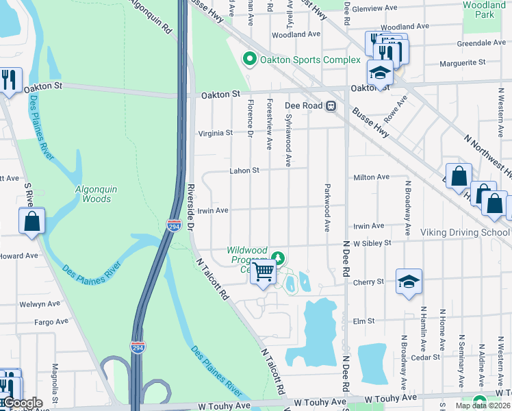 map of restaurants, bars, coffee shops, grocery stores, and more near 701 Florence Drive in Park Ridge