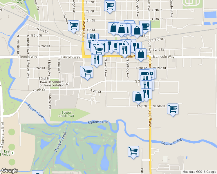map of restaurants, bars, coffee shops, grocery stores, and more near 316 South Walnut Avenue in Ames