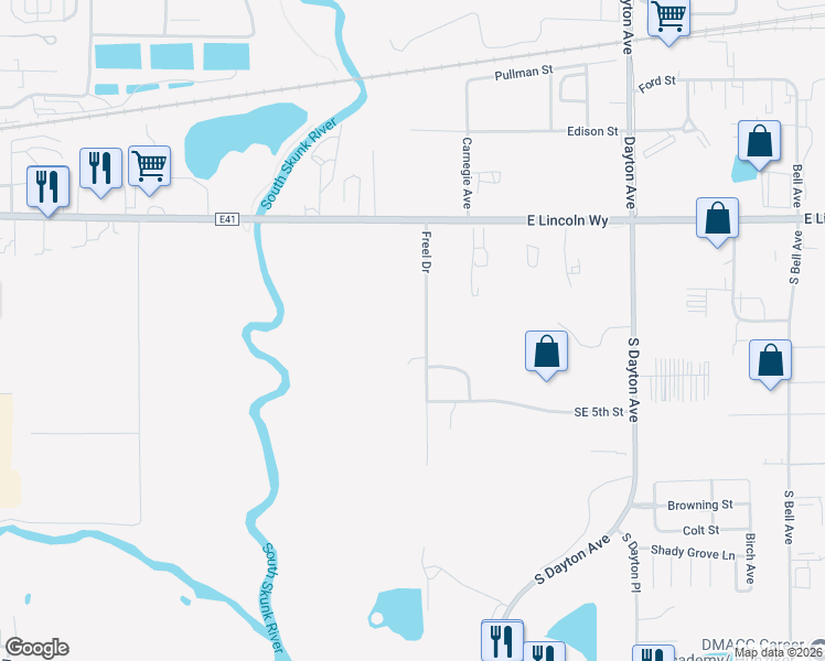 map of restaurants, bars, coffee shops, grocery stores, and more near 315 Freel Drive in Ames