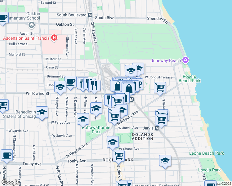 map of restaurants, bars, coffee shops, grocery stores, and more near 415 West Howard Street in Evanston