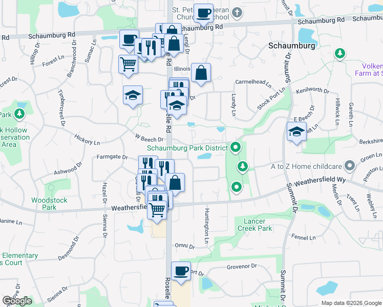 map of restaurants, bars, coffee shops, grocery stores, and more near 423 Juli Drive in Schaumburg