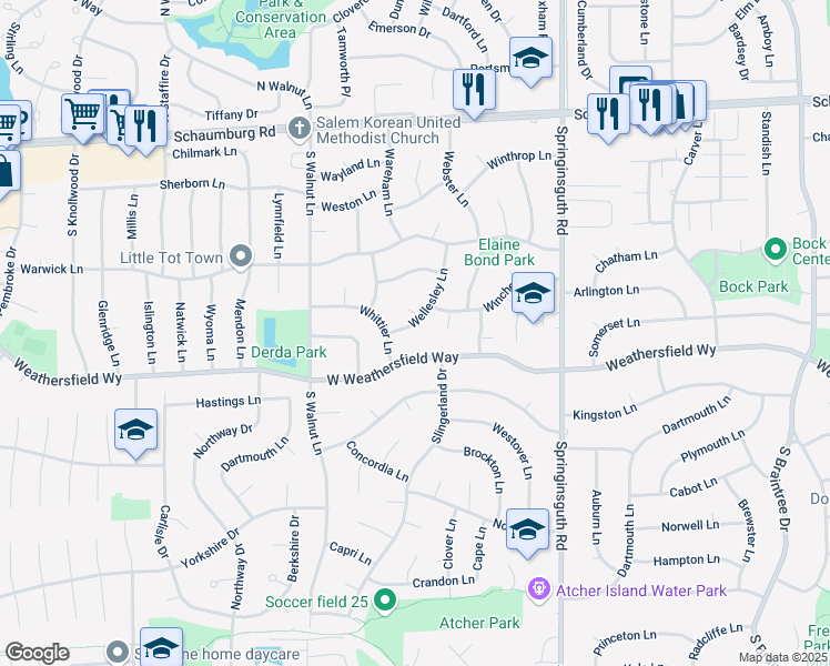 map of restaurants, bars, coffee shops, grocery stores, and more near 307 Wellesley Lane in Schaumburg