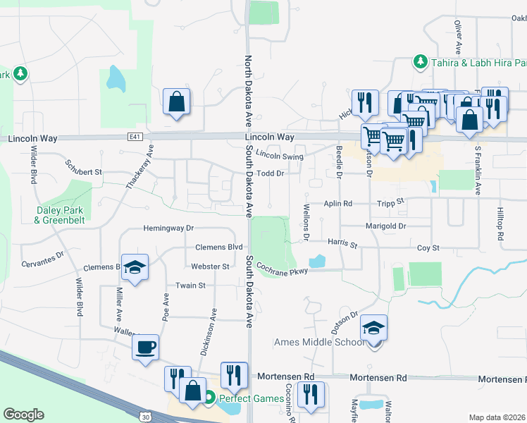 map of restaurants, bars, coffee shops, grocery stores, and more near 245 Todd Cir in Ames