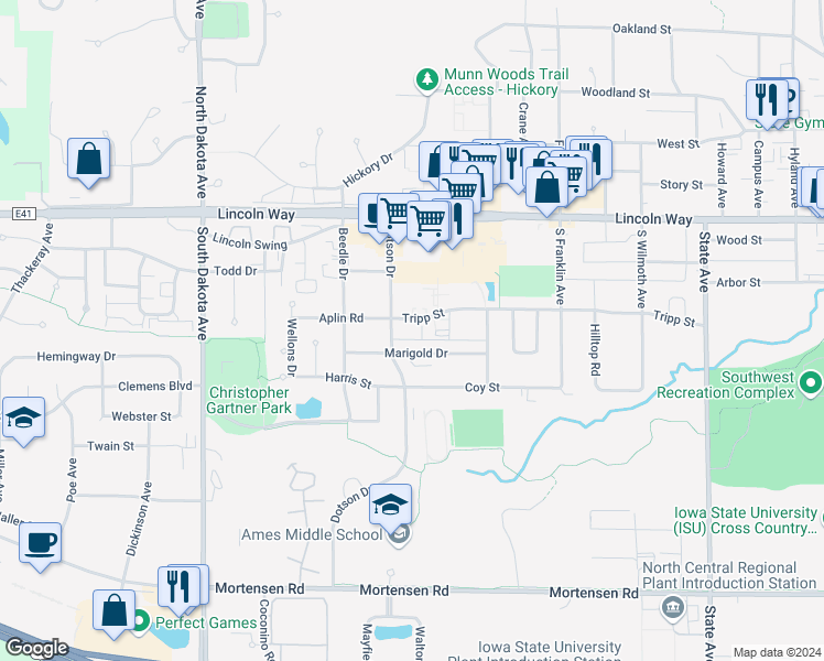 map of restaurants, bars, coffee shops, grocery stores, and more near 3910 Tripp Street in Ames