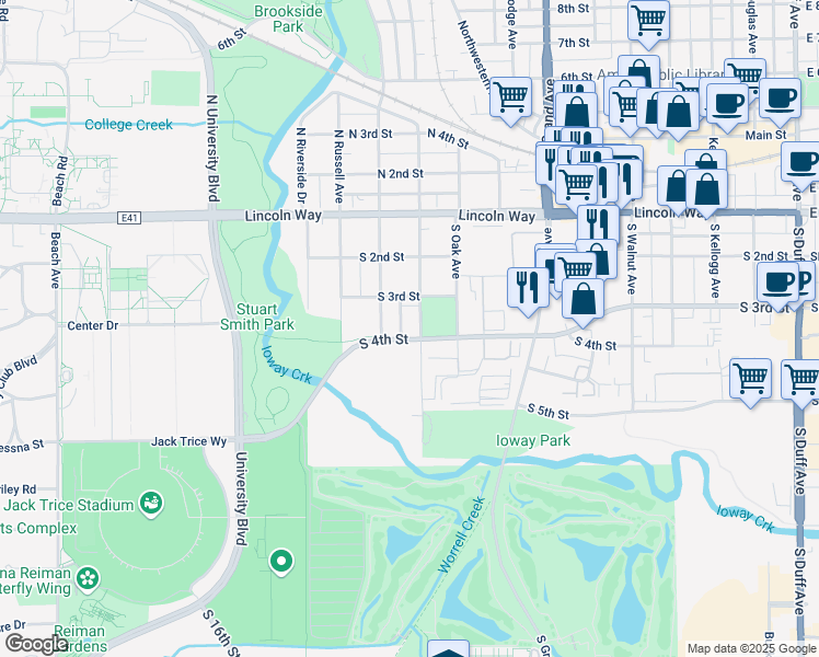 map of restaurants, bars, coffee shops, grocery stores, and more near 325 South Maple Avenue in Ames