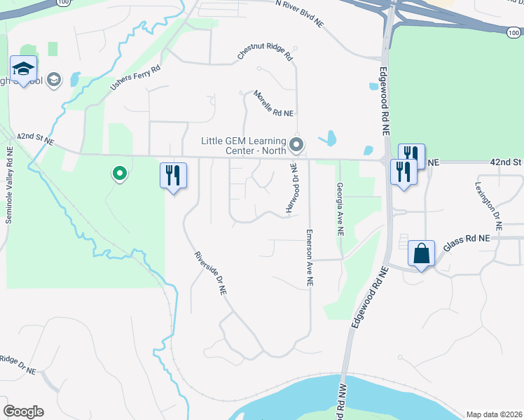 map of restaurants, bars, coffee shops, grocery stores, and more near 5002 North Willowbend Road Northeast in Cedar Rapids