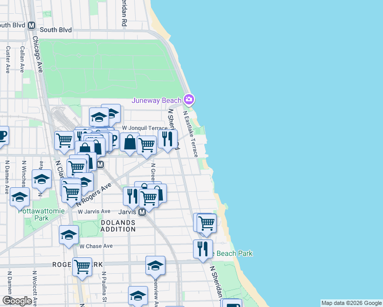 map of restaurants, bars, coffee shops, grocery stores, and more near 7606 North Eastlake Terrace in Chicago
