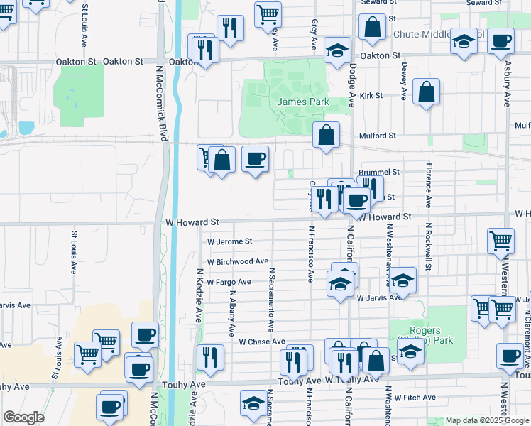 map of restaurants, bars, coffee shops, grocery stores, and more near 2400 West Howard Street in Evanston