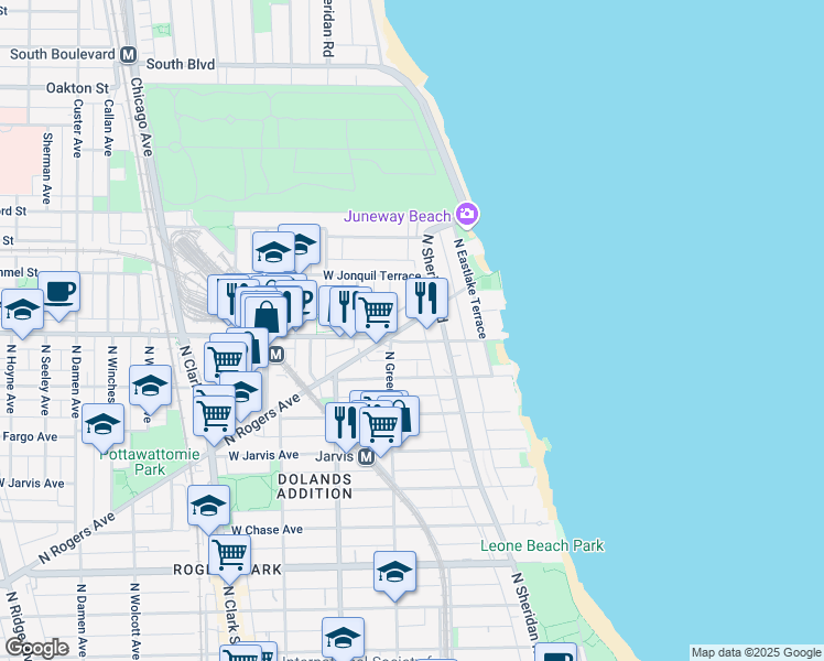 map of restaurants, bars, coffee shops, grocery stores, and more near 7619 North Rogers Avenue in Chicago