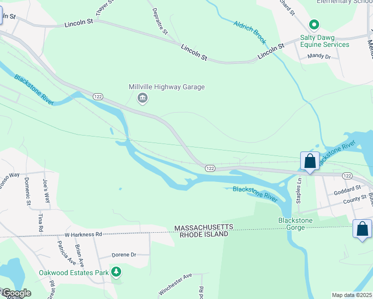 map of restaurants, bars, coffee shops, grocery stores, and more near 357 Massachusetts 122 in Blackstone