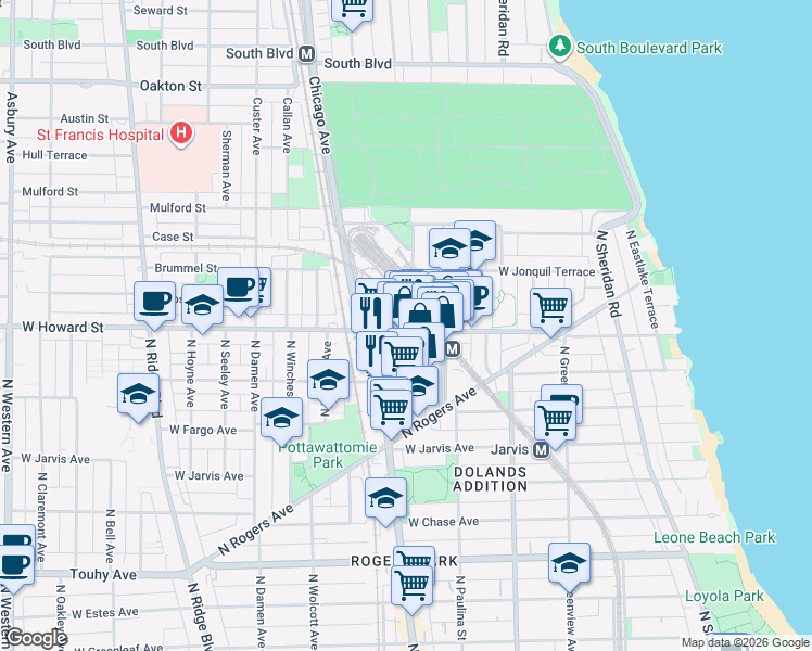 map of restaurants, bars, coffee shops, grocery stores, and more near 339 Howard Street in Evanston