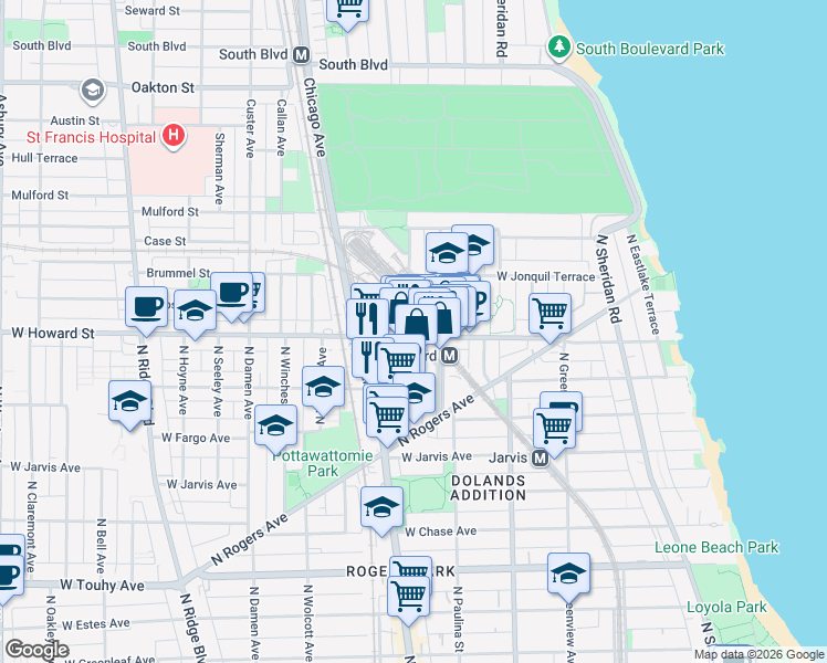 map of restaurants, bars, coffee shops, grocery stores, and more near 327 West Howard Street in Evanston