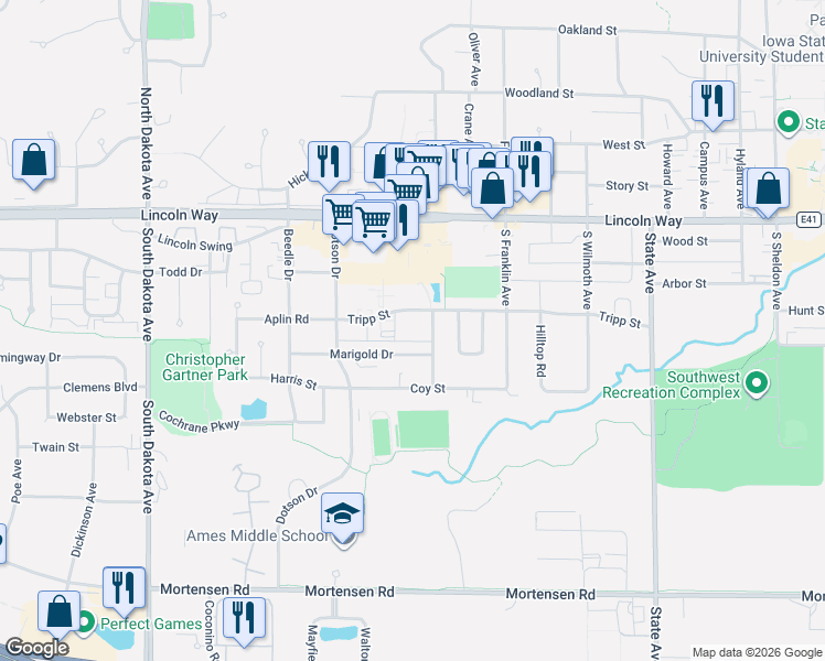 map of restaurants, bars, coffee shops, grocery stores, and more near 3718 Tripp Street in Ames