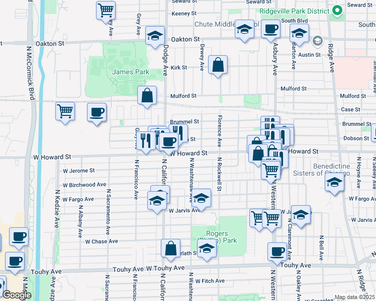 map of restaurants, bars, coffee shops, grocery stores, and more near 1723 West Howard Street in Evanston