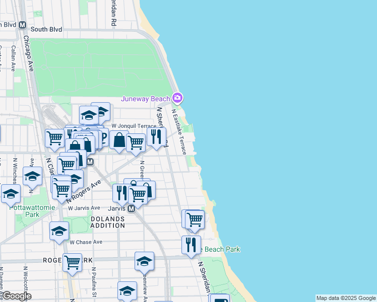 map of restaurants, bars, coffee shops, grocery stores, and more near 7609 North Eastlake Terrace in Chicago