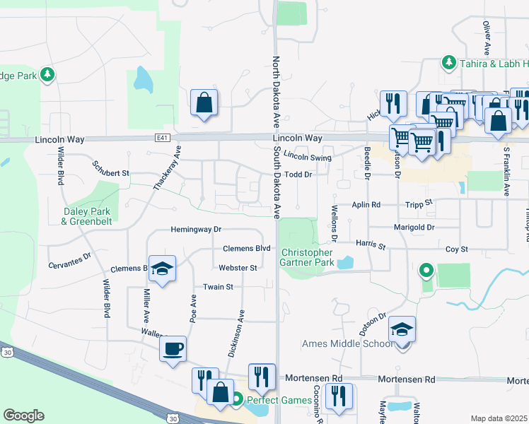 map of restaurants, bars, coffee shops, grocery stores, and more near 230 Raphael Avenue in Ames