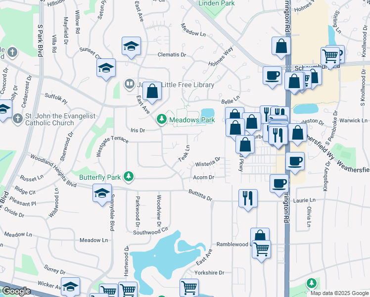 map of restaurants, bars, coffee shops, grocery stores, and more near 242 Teak Lane in Streamwood
