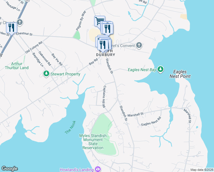 map of restaurants, bars, coffee shops, grocery stores, and more near 73 Captains Hill Road in Duxbury