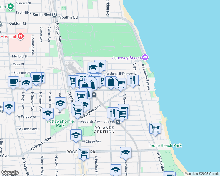 map of restaurants, bars, coffee shops, grocery stores, and more near 1550 West Howard Street in Chicago