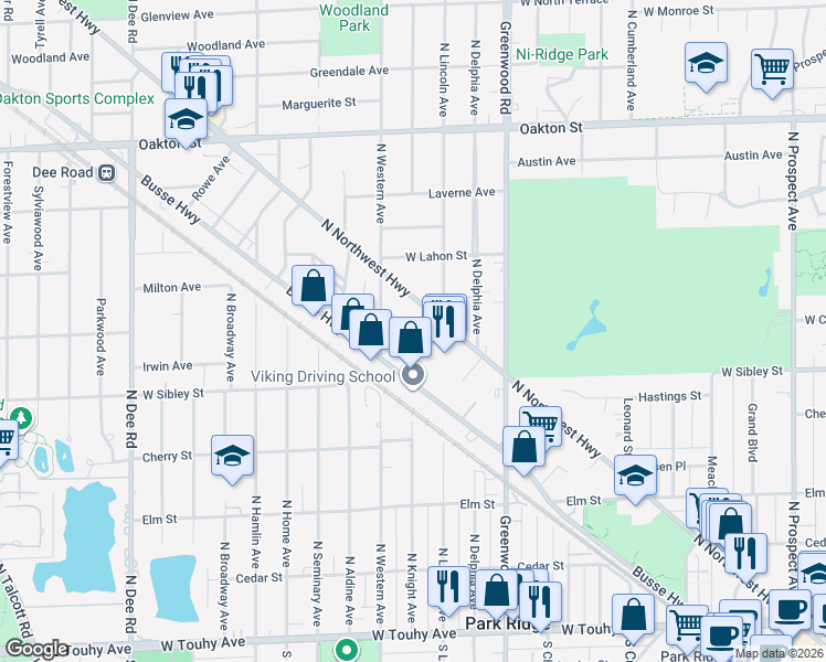 map of restaurants, bars, coffee shops, grocery stores, and more near 700 North Northwest Highway in Park Ridge