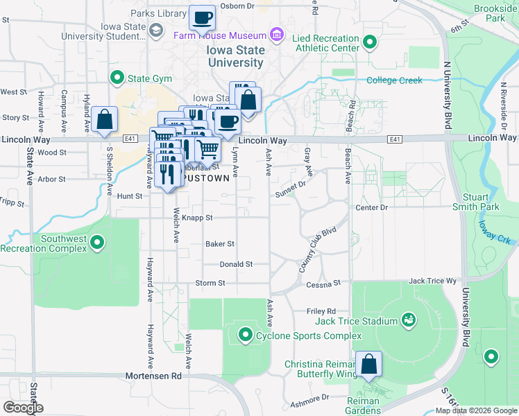 map of restaurants, bars, coffee shops, grocery stores, and more near 321 Ash Avenue in Ames