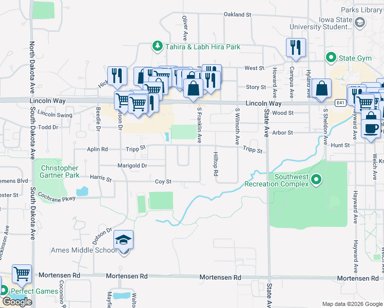 map of restaurants, bars, coffee shops, grocery stores, and more near 241 Village Drive in Ames
