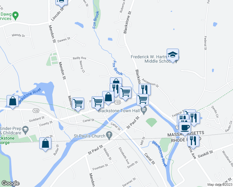map of restaurants, bars, coffee shops, grocery stores, and more near 11 Austin Street in Blackstone