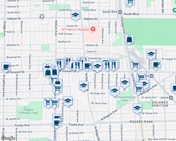 map of restaurants, bars, coffee shops, grocery stores, and more near 45 Ridge Avenue in Evanston