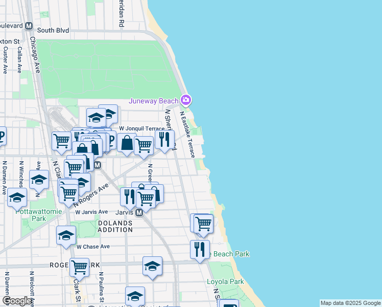 map of restaurants, bars, coffee shops, grocery stores, and more near 7609 North Eastlake Terrace in Chicago