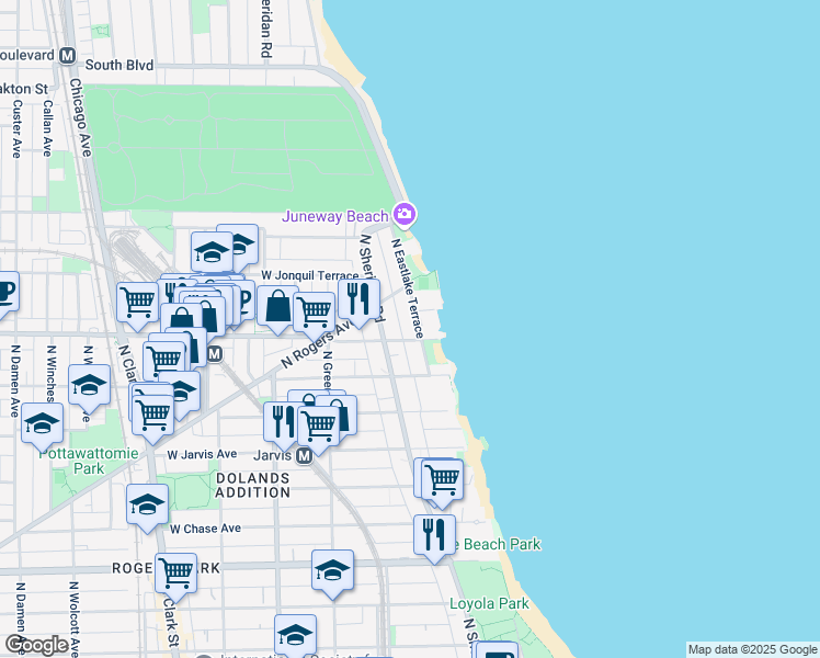 map of restaurants, bars, coffee shops, grocery stores, and more near 7609 North Eastlake Terrace in Chicago