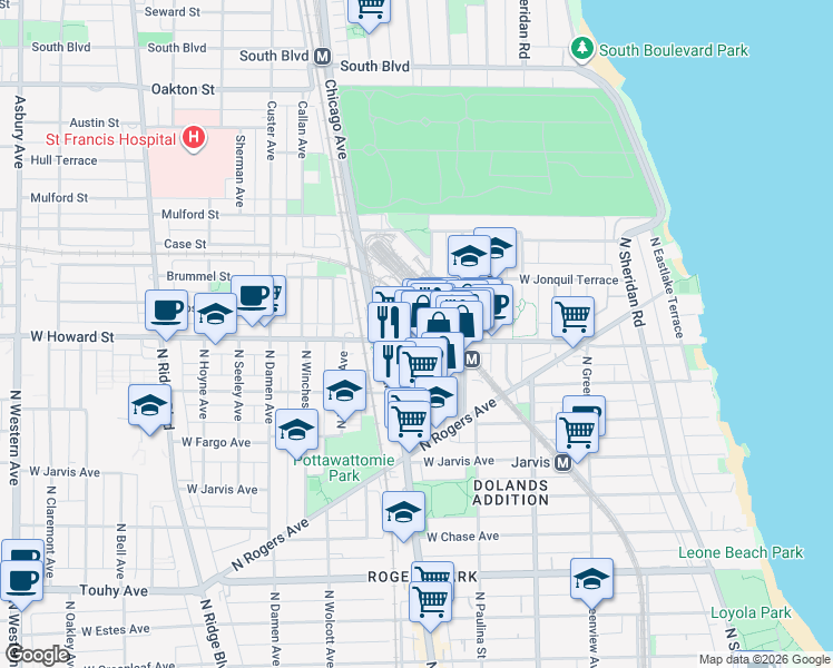 map of restaurants, bars, coffee shops, grocery stores, and more near 415 West Howard Street in Evanston