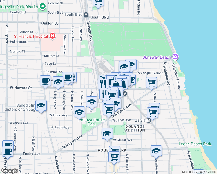 map of restaurants, bars, coffee shops, grocery stores, and more near 415 West Howard Street in Evanston