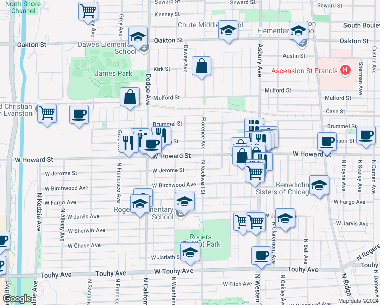 map of restaurants, bars, coffee shops, grocery stores, and more near 1625 Howard Street in Evanston