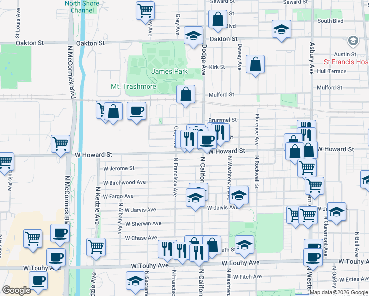 map of restaurants, bars, coffee shops, grocery stores, and more near 1915 Howard Street in Evanston