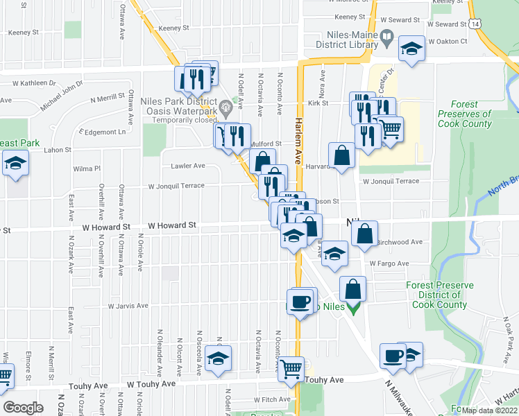map of restaurants, bars, coffee shops, grocery stores, and more near 7624 North Milwaukee Avenue in Niles