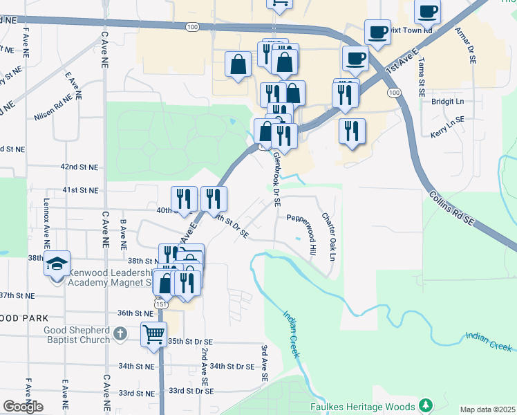 map of restaurants, bars, coffee shops, grocery stores, and more near 4014 Westover Road Southeast in Cedar Rapids