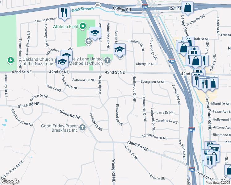 map of restaurants, bars, coffee shops, grocery stores, and more near 3901 Knollcrest Court Northeast in Cedar Rapids