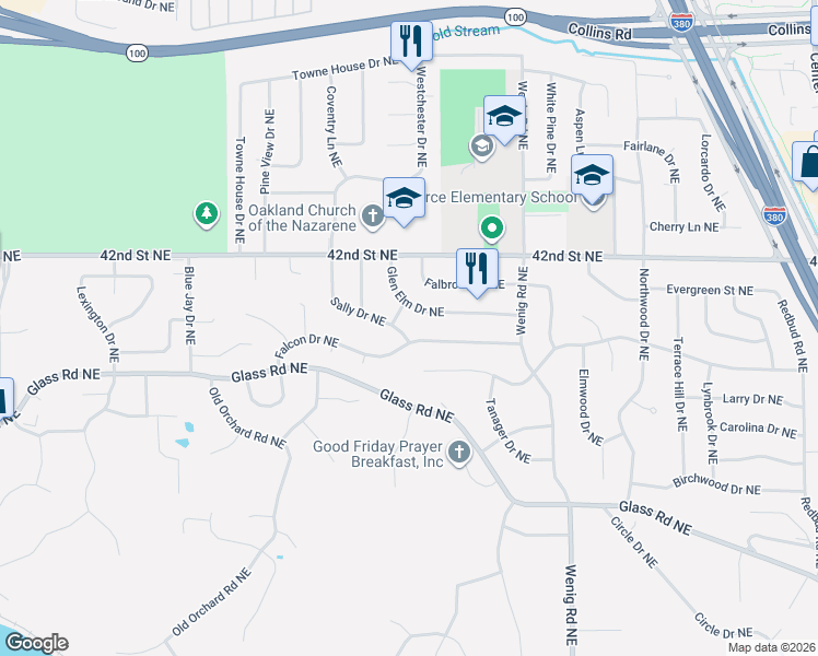 map of restaurants, bars, coffee shops, grocery stores, and more near 3909 Sally Drive Northeast in Cedar Rapids