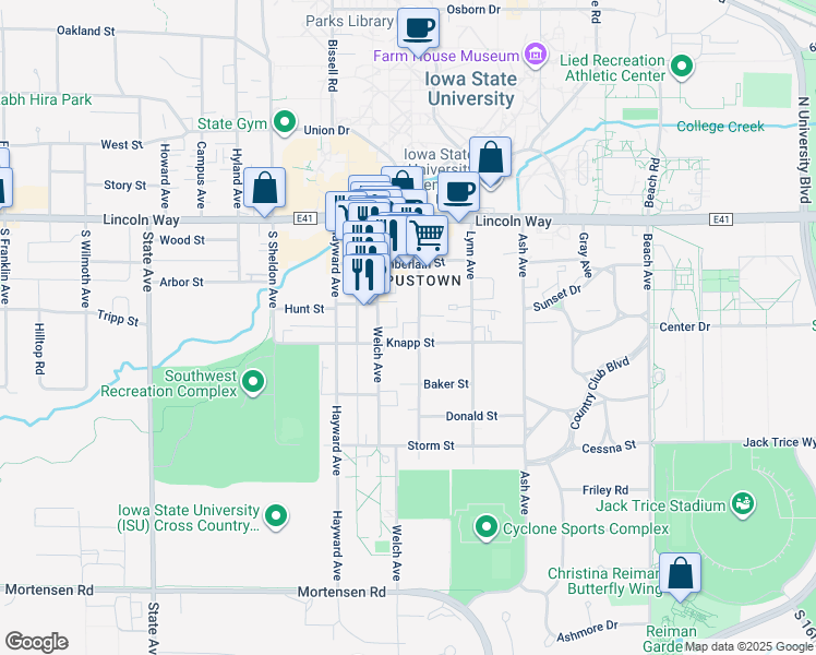 map of restaurants, bars, coffee shops, grocery stores, and more near 324 Welch Avenue in Ames