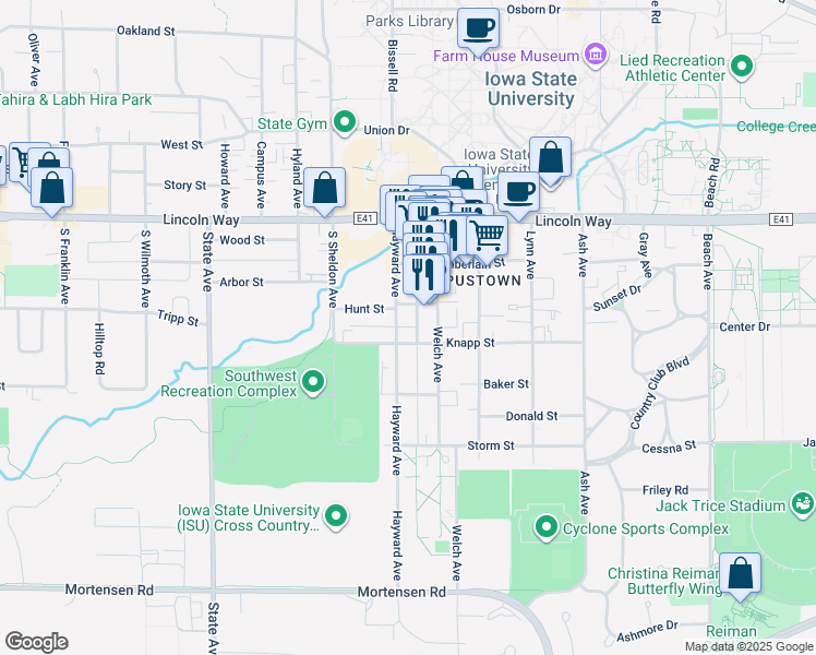 map of restaurants, bars, coffee shops, grocery stores, and more near 2519 Knapp Street in Ames