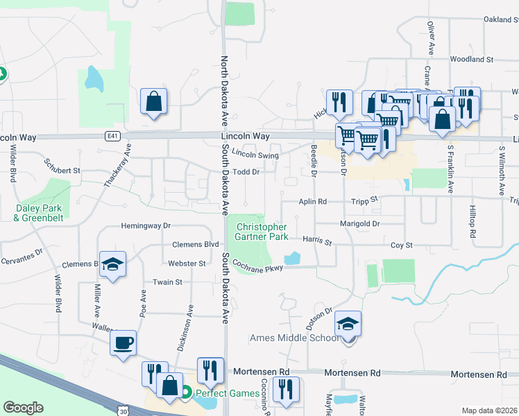 map of restaurants, bars, coffee shops, grocery stores, and more near 313 Abraham Drive in Ames