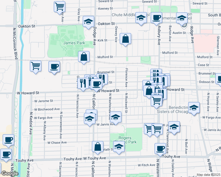 map of restaurants, bars, coffee shops, grocery stores, and more near 1723 West Howard Street in Evanston