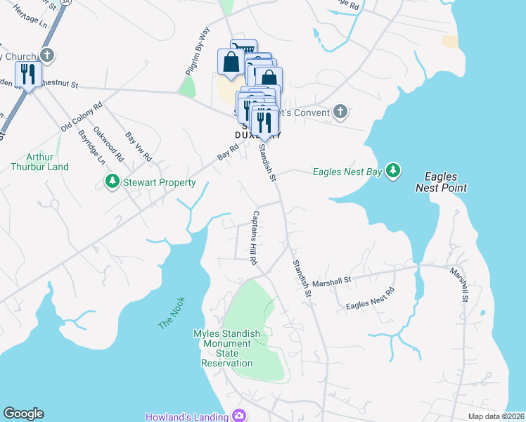 map of restaurants, bars, coffee shops, grocery stores, and more near 73 Captains Hill Road in Duxbury