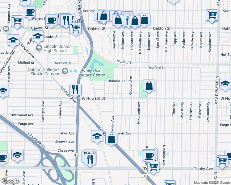map of restaurants, bars, coffee shops, grocery stores, and more near 7617 Kenton Avenue in Skokie